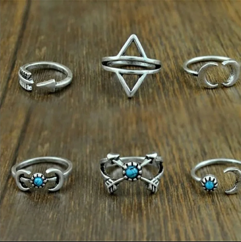 NEW 6 pc Antiqued Boho‎ Midi Arrow Moon Ring Set